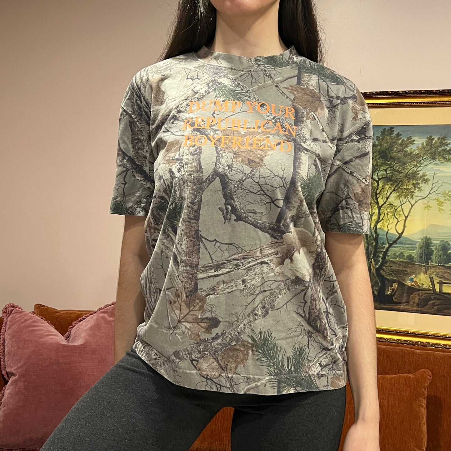 DUMP YOUR REPUBLICAN BOYFRIEND camo t-shirt with orange text (S)