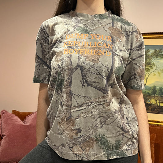 DUMP YOUR REPUBLICAN BOYFRIEND camo t-shirt with orange text (S)