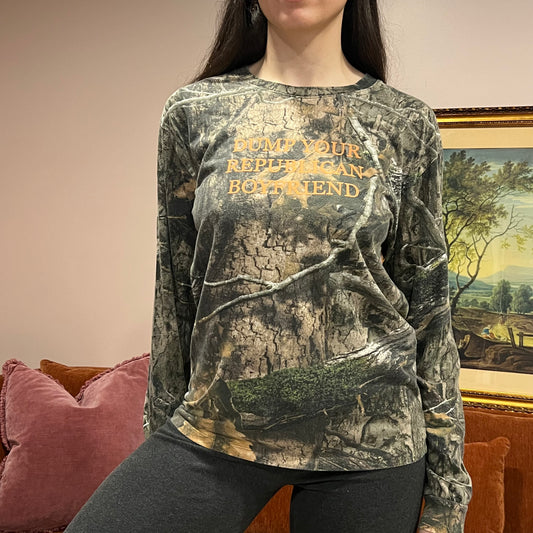 DUMP YOUR REPUBLICAN BOYFRIEND camo long sleeve t-shirt with orange text (S)