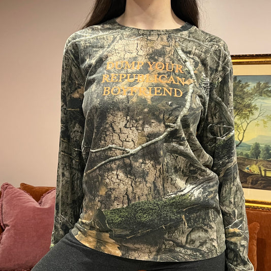 DUMP YOUR REPUBLICAN BOYFRIEND camo long sleeve t-shirt with orange text (S)