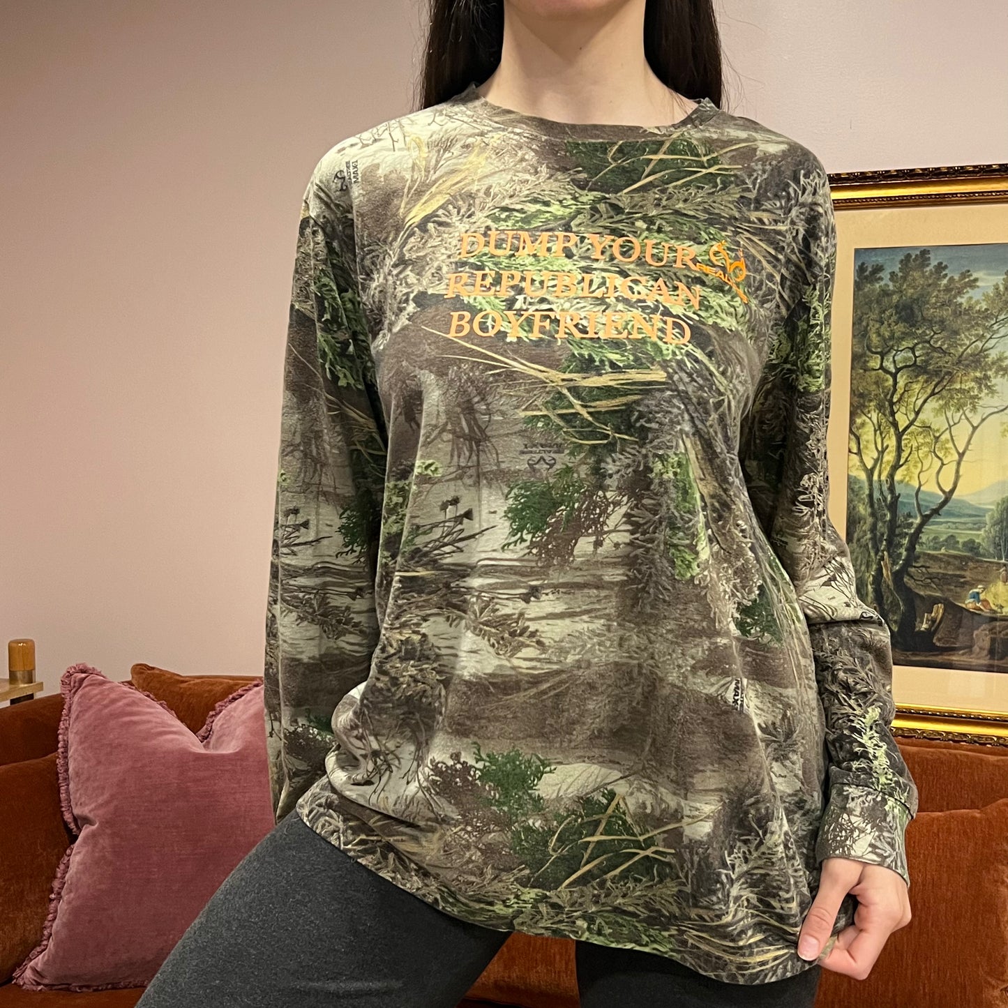DUMP YOUR REPUBLICAN BOYFRIEND camo long sleeve t-shirt with orange text (XL)