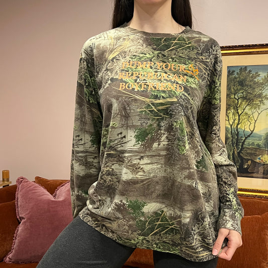 DUMP YOUR REPUBLICAN BOYFRIEND camo long sleeve t-shirt with orange text (XL)
