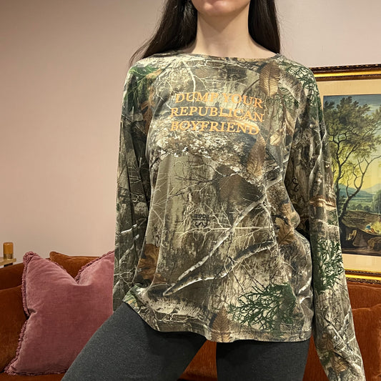 DUMP YOUR REPUBLICAN BOYFRIEND camo long sleeve t-shirt with orange text (L)