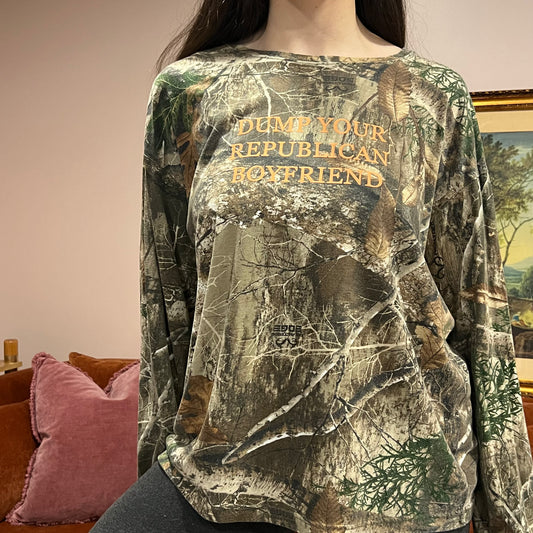 DUMP YOUR REPUBLICAN BOYFRIEND camo long sleeve t-shirt with orange text (L)