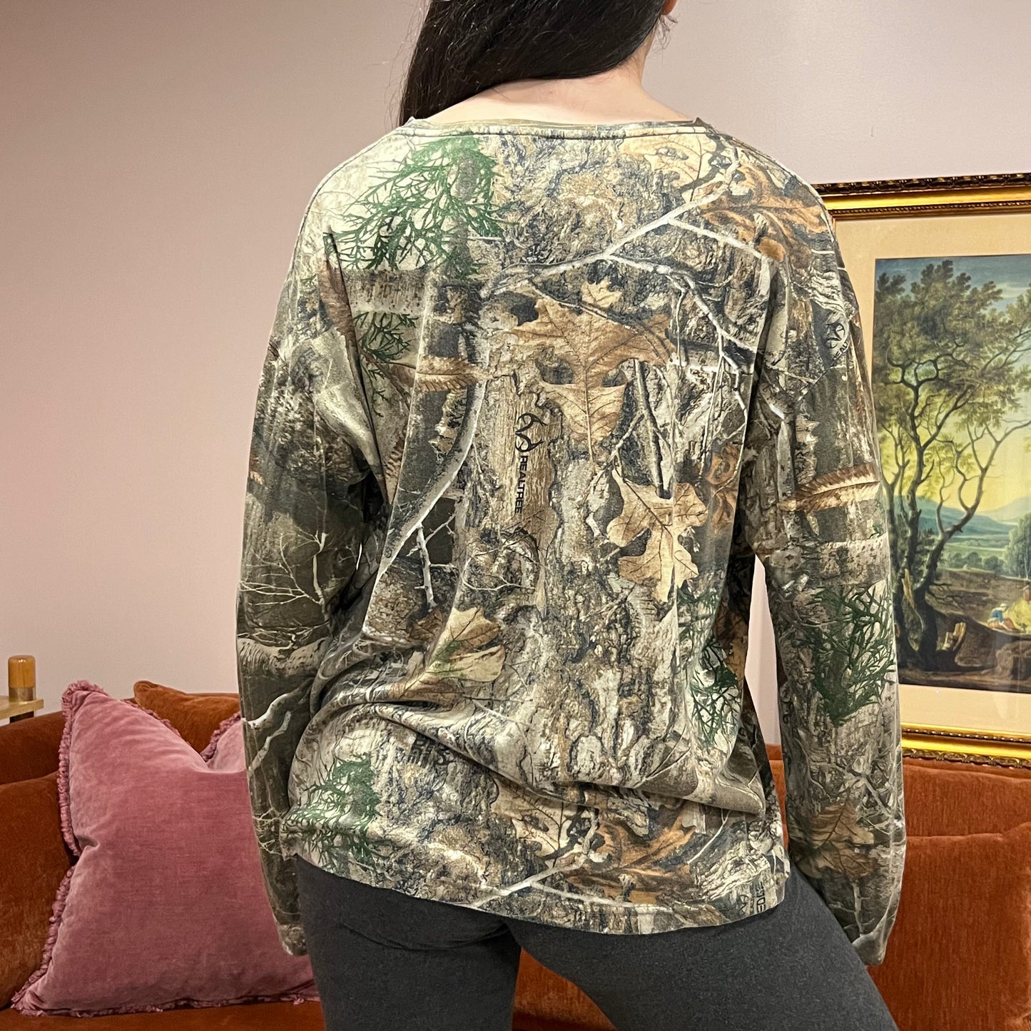 DUMP YOUR REPUBLICAN BOYFRIEND camo long sleeve t-shirt with orange text (L)