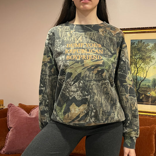 DUMP YOUR REPUBLICAN BOYFRIEND camo crewneck with orange text (M)