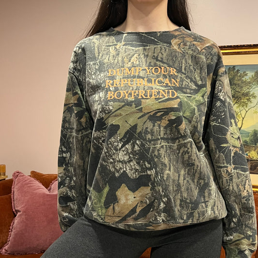 DUMP YOUR REPUBLICAN BOYFRIEND camo crewneck with orange text (M)