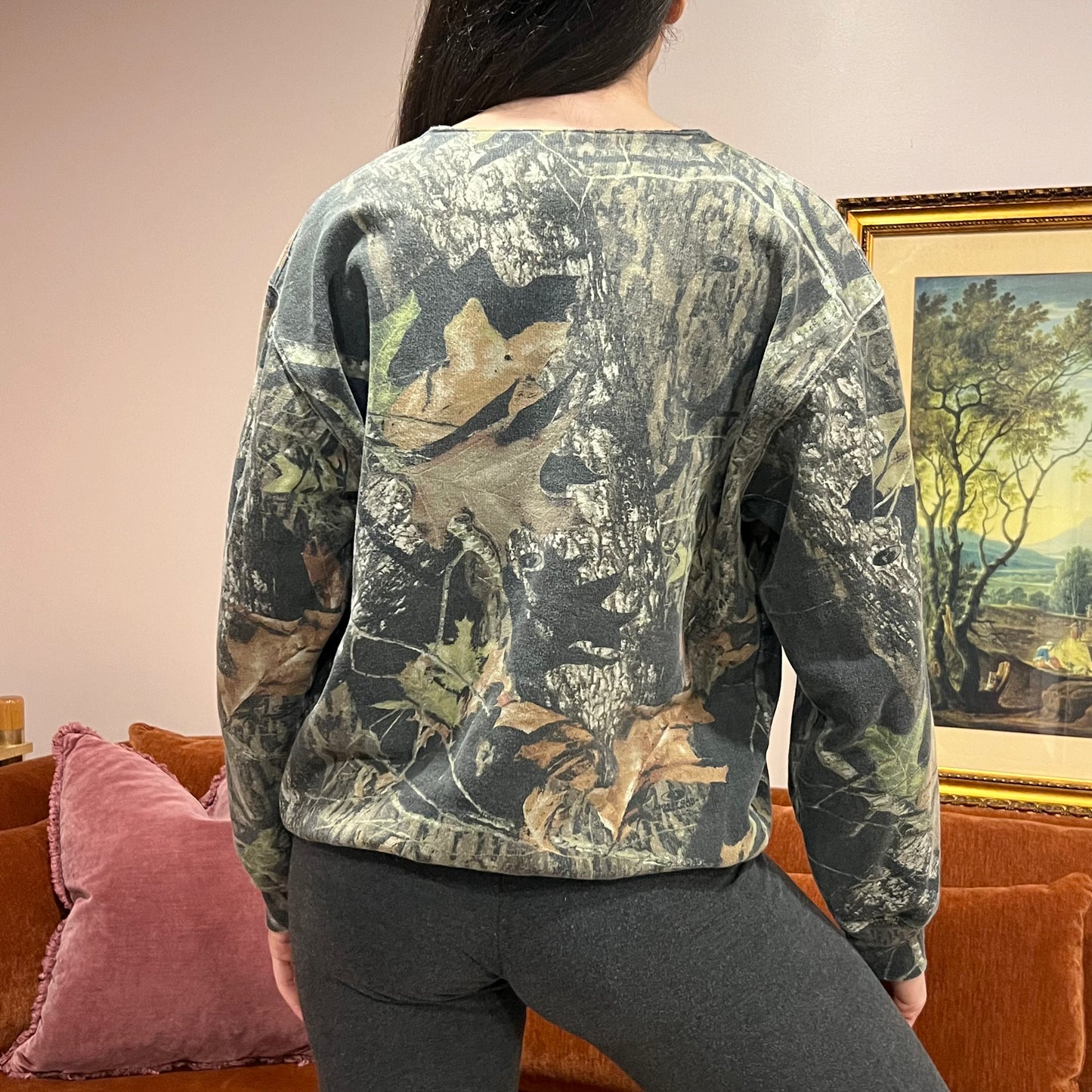 DUMP YOUR REPUBLICAN BOYFRIEND camo crewneck with orange text (M)