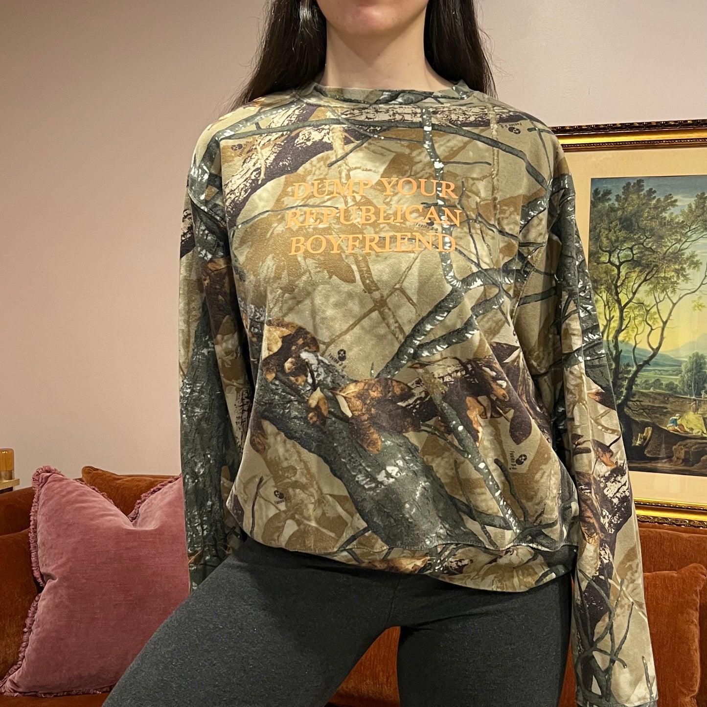 DUMP YOUR REPUBLICAN BOYFRIEND camo crewneck with orange text (L)
