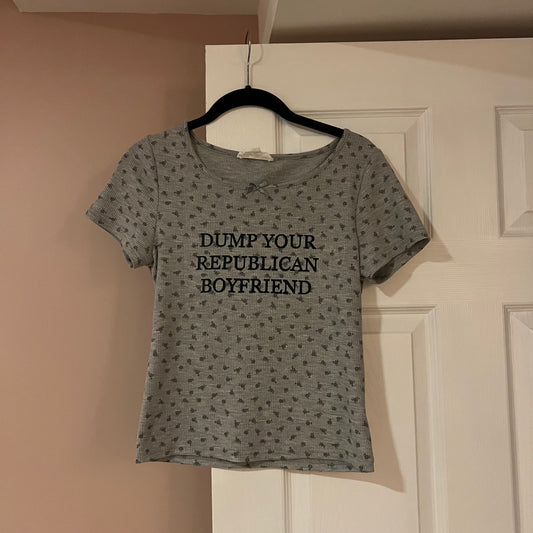 DUMP YOUR REPUBLICAN BOYFRIEND camo crewneck with orange text (L)