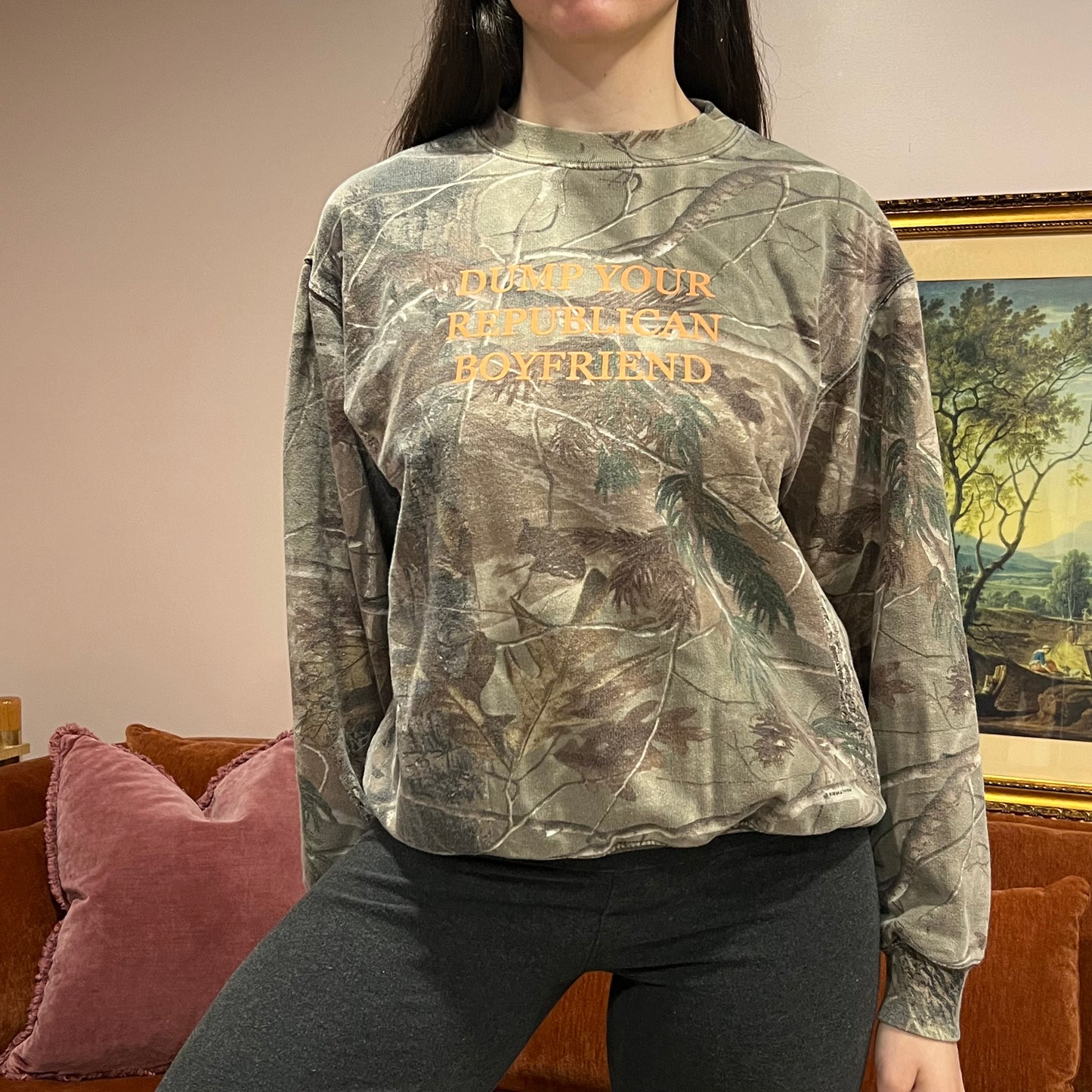 DUMP YOUR REPUBLICAN BOYFRIEND camo crewneck with orange text (M)