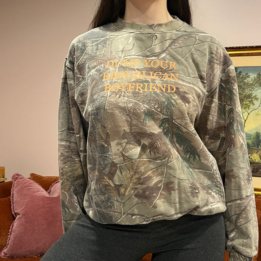 DUMP YOUR REPUBLICAN BOYFRIEND camo crewneck with orange text (M)