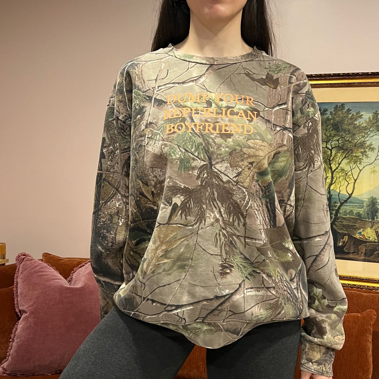 DUMP YOUR REPUBLICAN BOYFRIEND camo crewneck with orange text (XL)