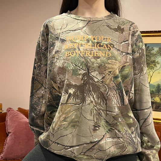 DUMP YOUR REPUBLICAN BOYFRIEND camo crewneck with orange text (XL)