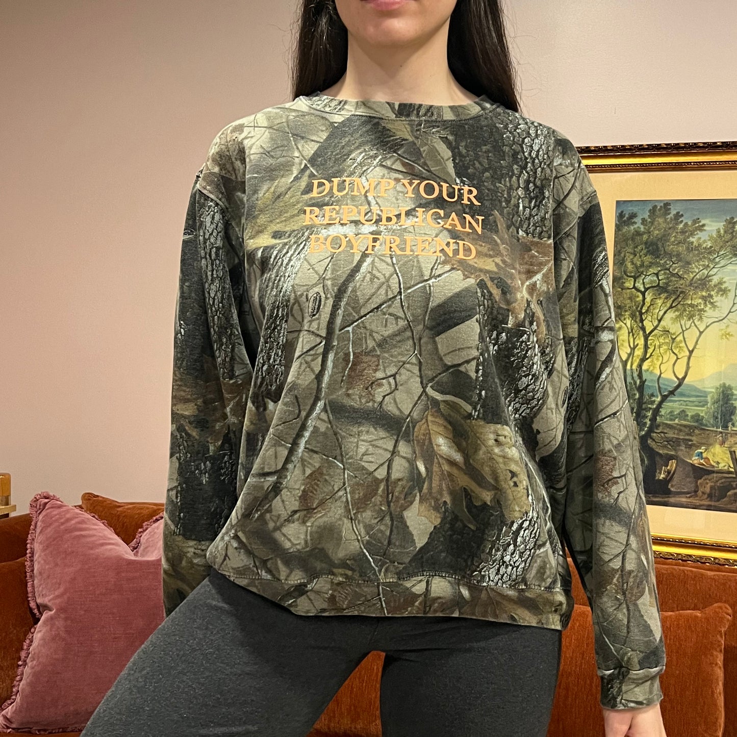 DUMP YOUR REPUBLICAN BOYFRIEND camo crewneck with orange text (L)