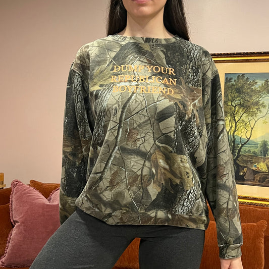 DUMP YOUR REPUBLICAN BOYFRIEND camo crewneck with orange text (L)