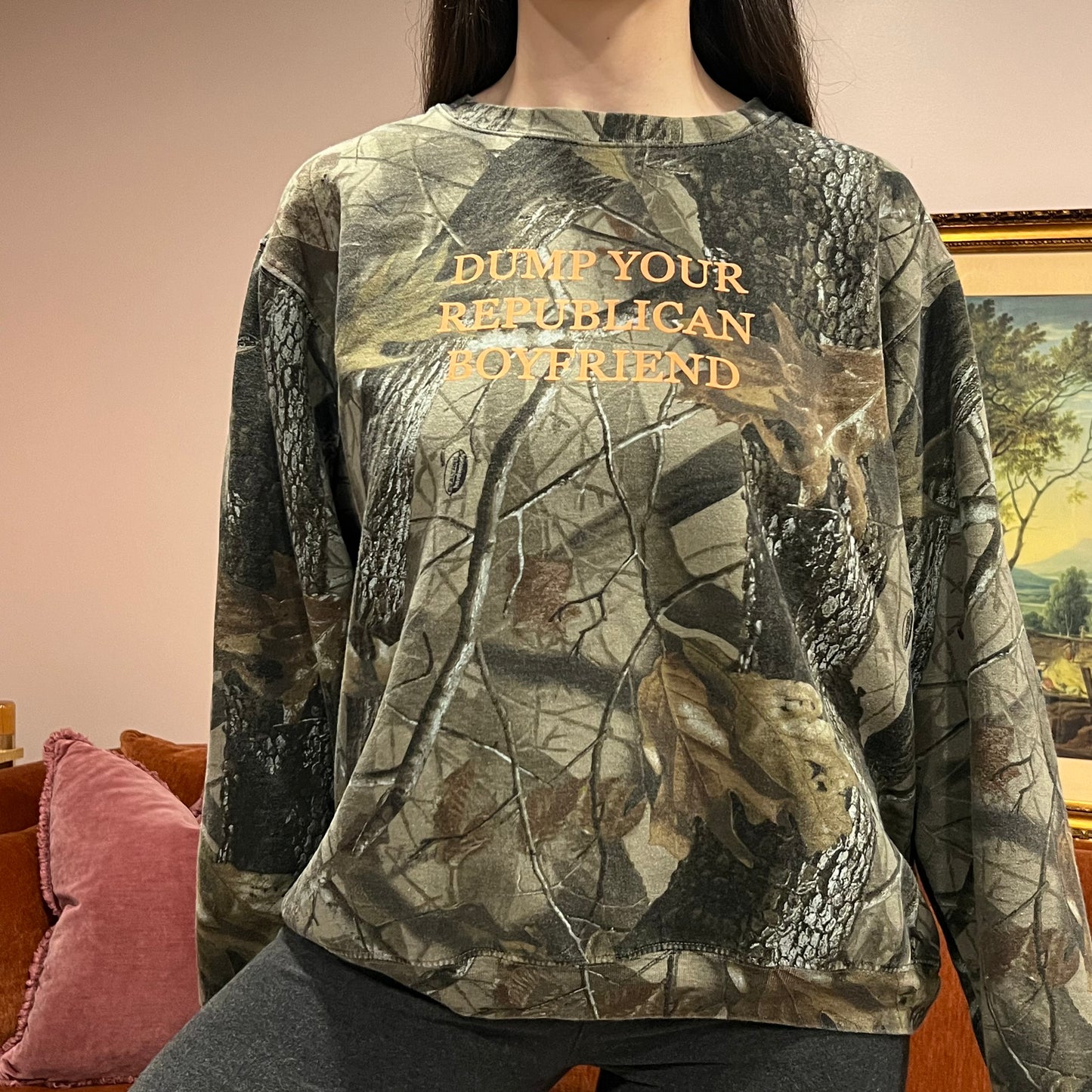 DUMP YOUR REPUBLICAN BOYFRIEND camo crewneck with orange text (L)