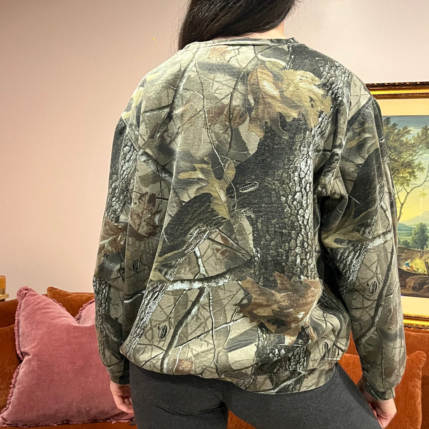 DUMP YOUR REPUBLICAN BOYFRIEND camo crewneck with orange text (L)