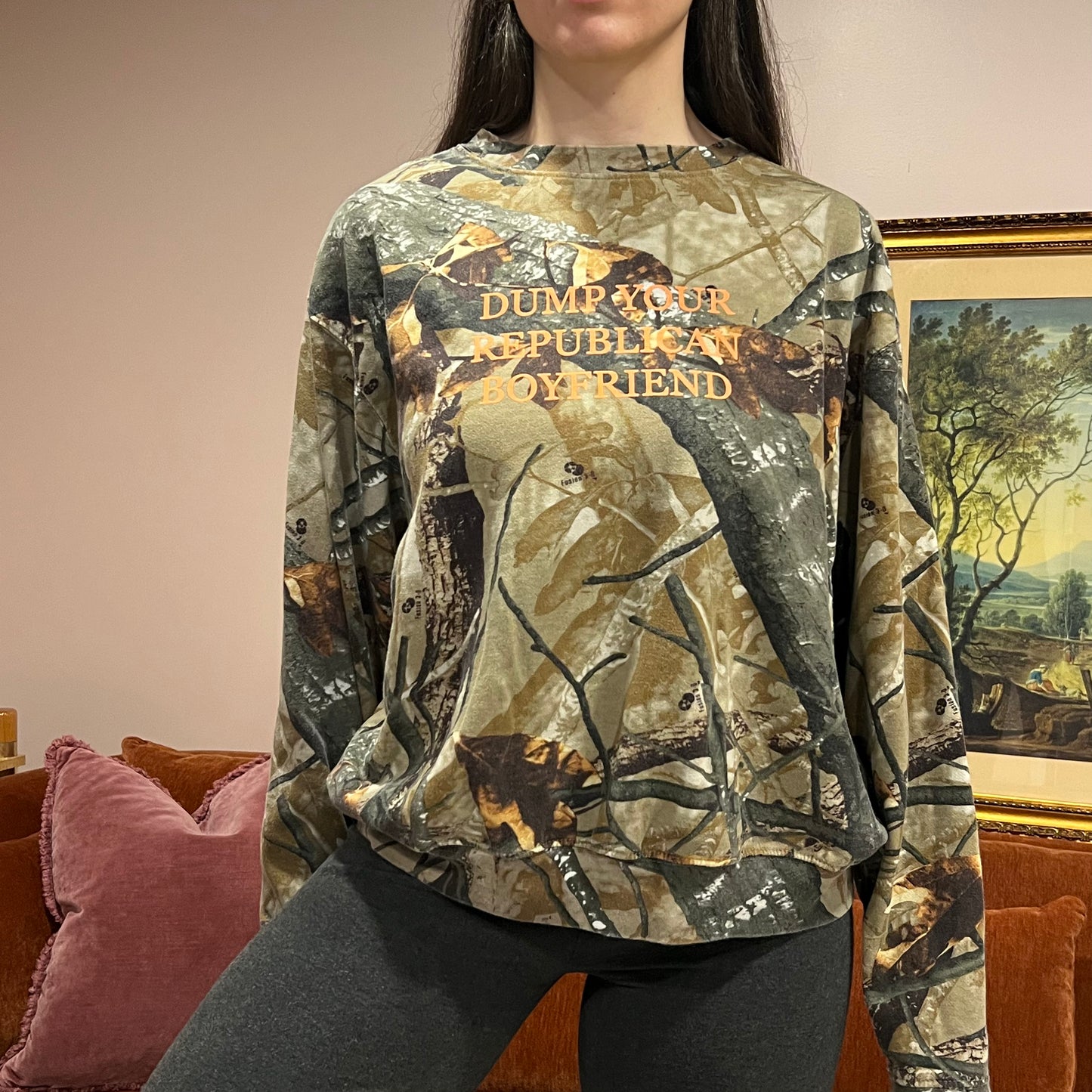 DUMP YOUR REPUBLICAN BOYFRIEND camo crewneck with orange text (L)