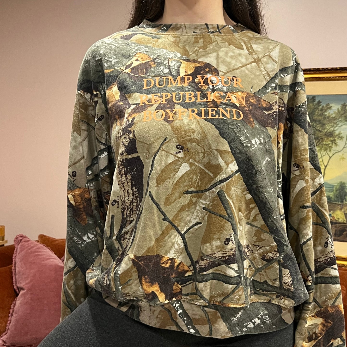DUMP YOUR REPUBLICAN BOYFRIEND camo crewneck with orange text (L)