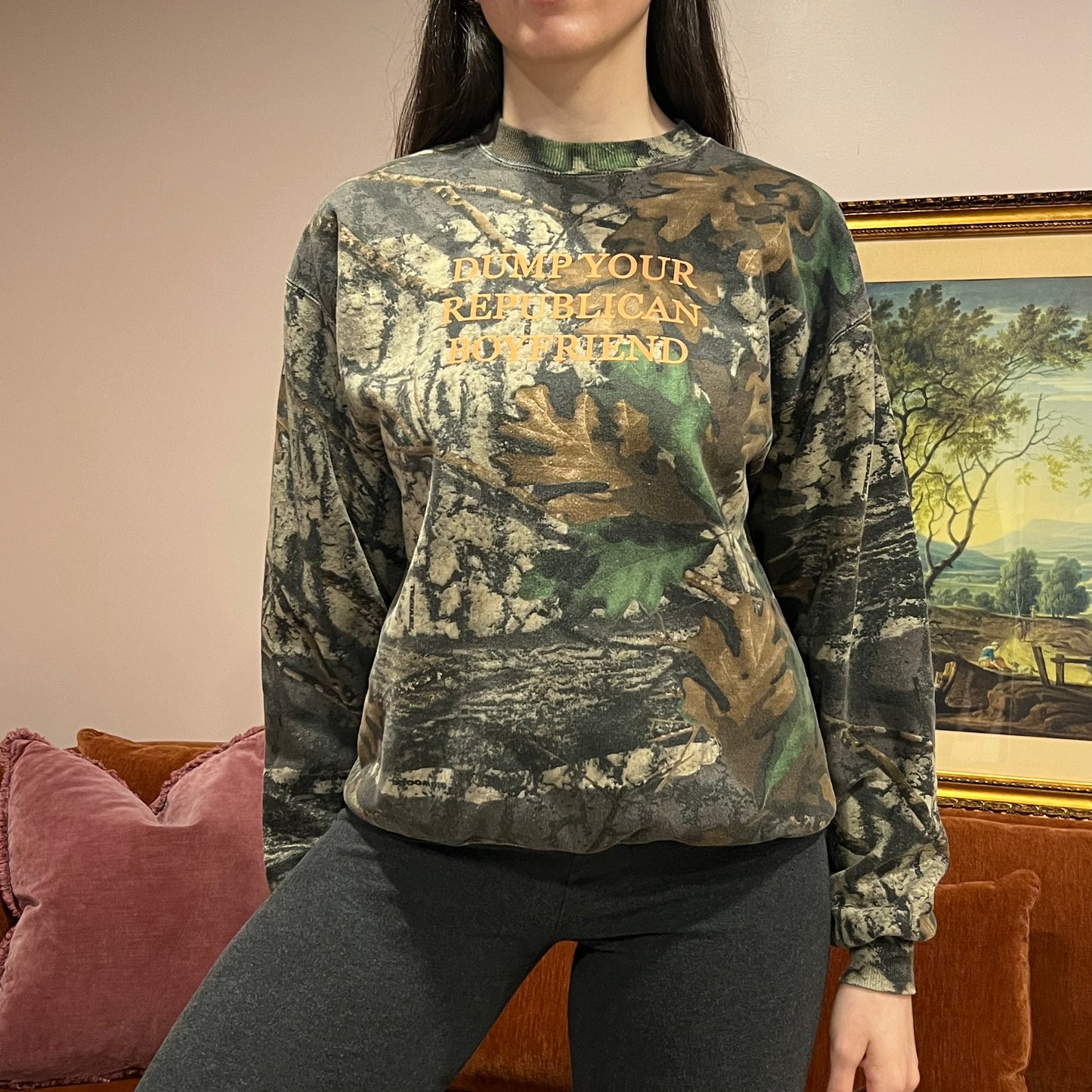 DUMP YOUR REPUBLICAN BOYFRIEND camo crewneck with orange text (M)