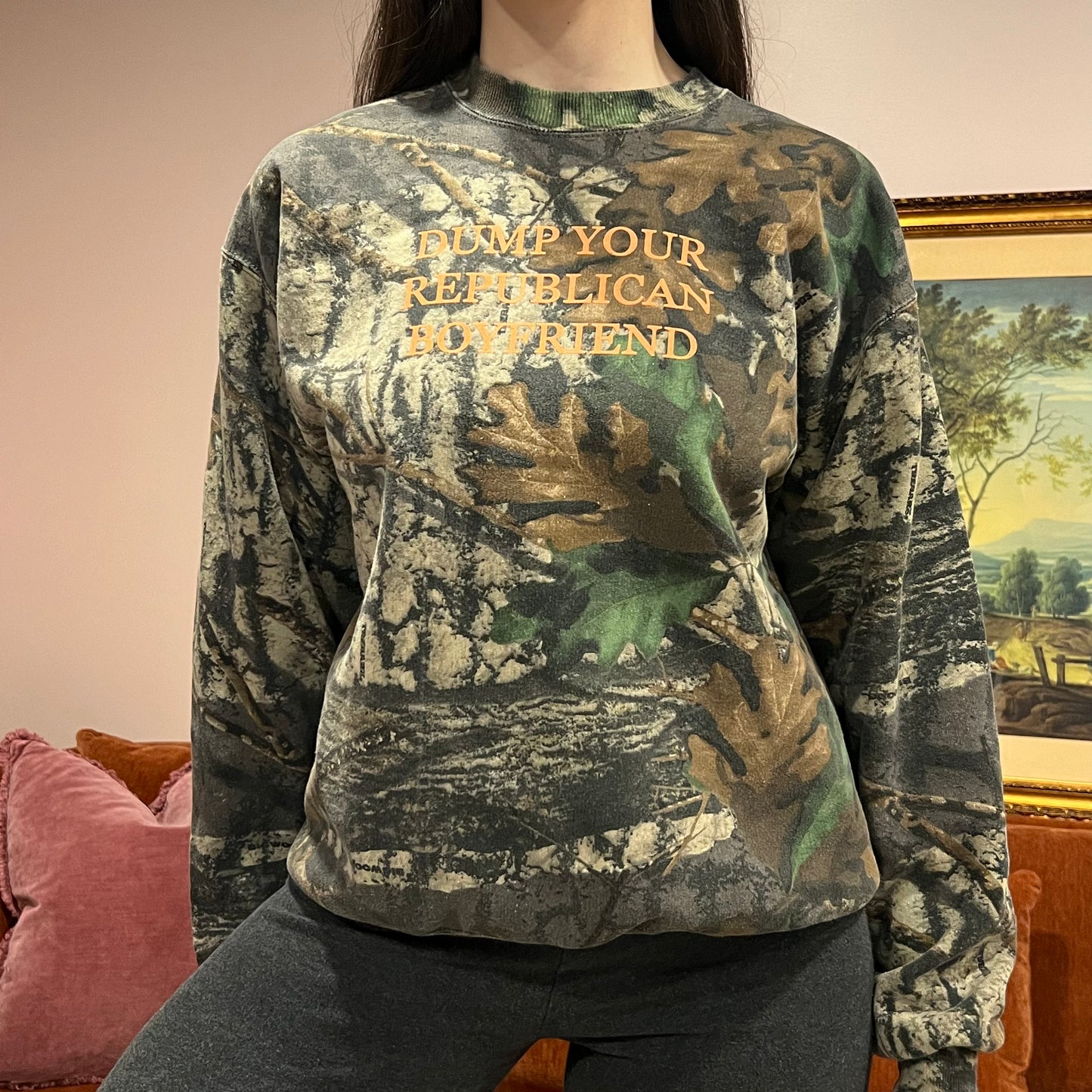 DUMP YOUR REPUBLICAN BOYFRIEND camo crewneck with orange text (M)