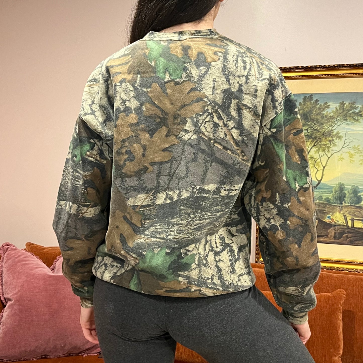 DUMP YOUR REPUBLICAN BOYFRIEND camo crewneck with orange text (M)