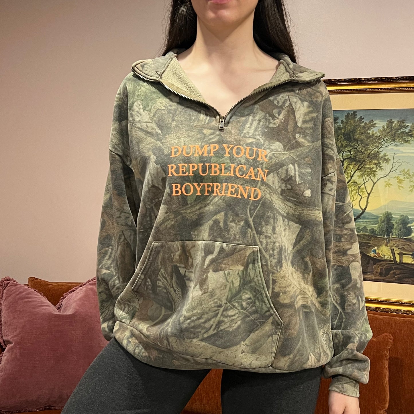 DUMP YOUR REPUBLICAN BOYFRIEND camo zip-up with orange text (2XL)