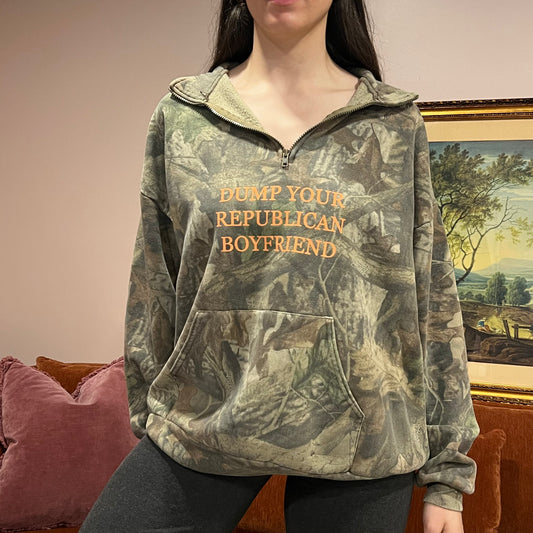 DUMP YOUR REPUBLICAN BOYFRIEND camo zip-up with orange text (2XL)