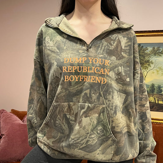 DUMP YOUR REPUBLICAN BOYFRIEND camo zip-up with orange text (2XL)