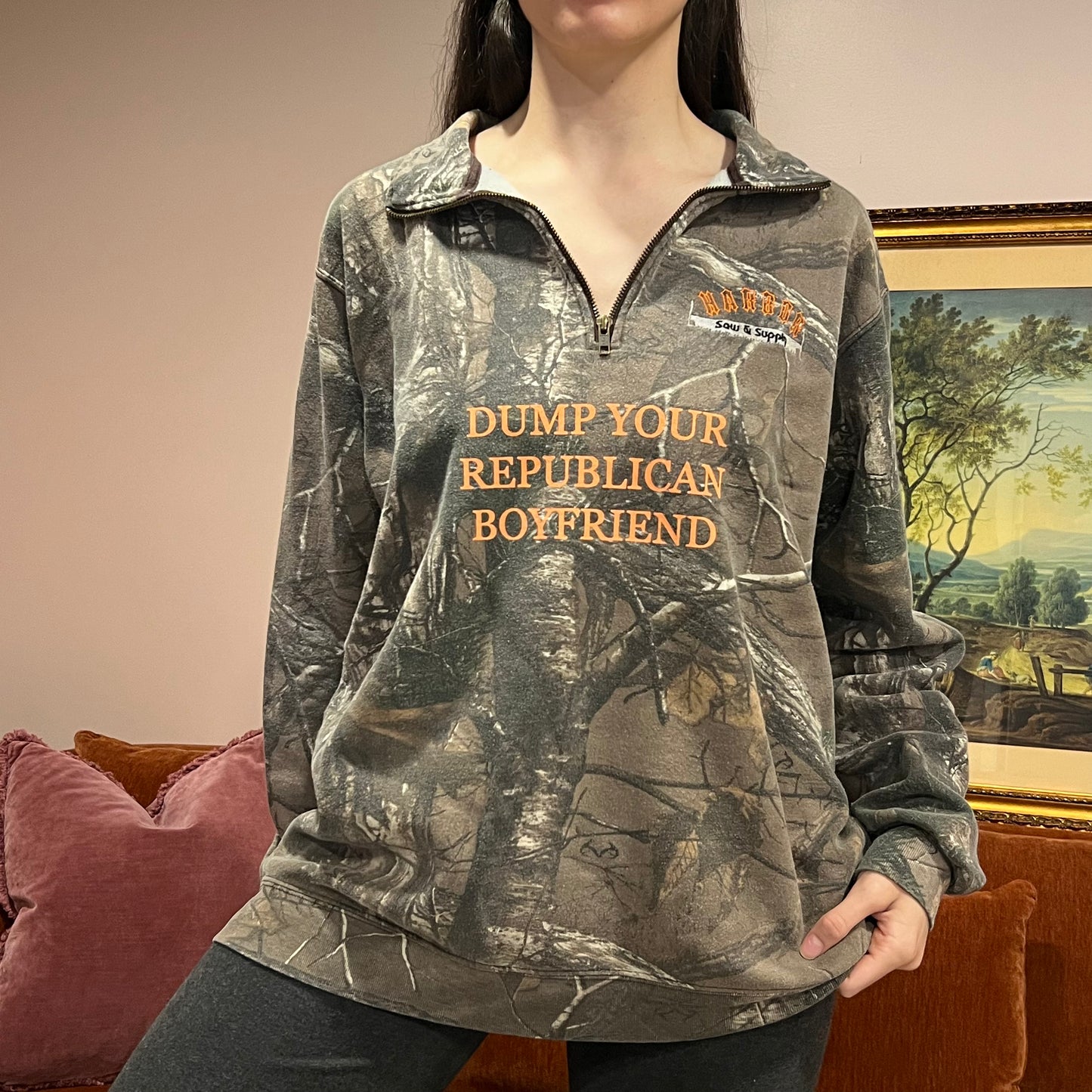 DUMP YOUR REPUBLICAN BOYFRIEND camo zip-up with orange text (XL)