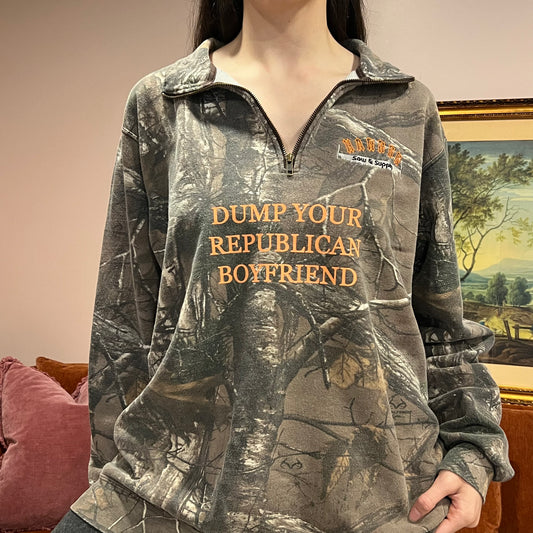 DUMP YOUR REPUBLICAN BOYFRIEND camo zip-up with orange text (XL)