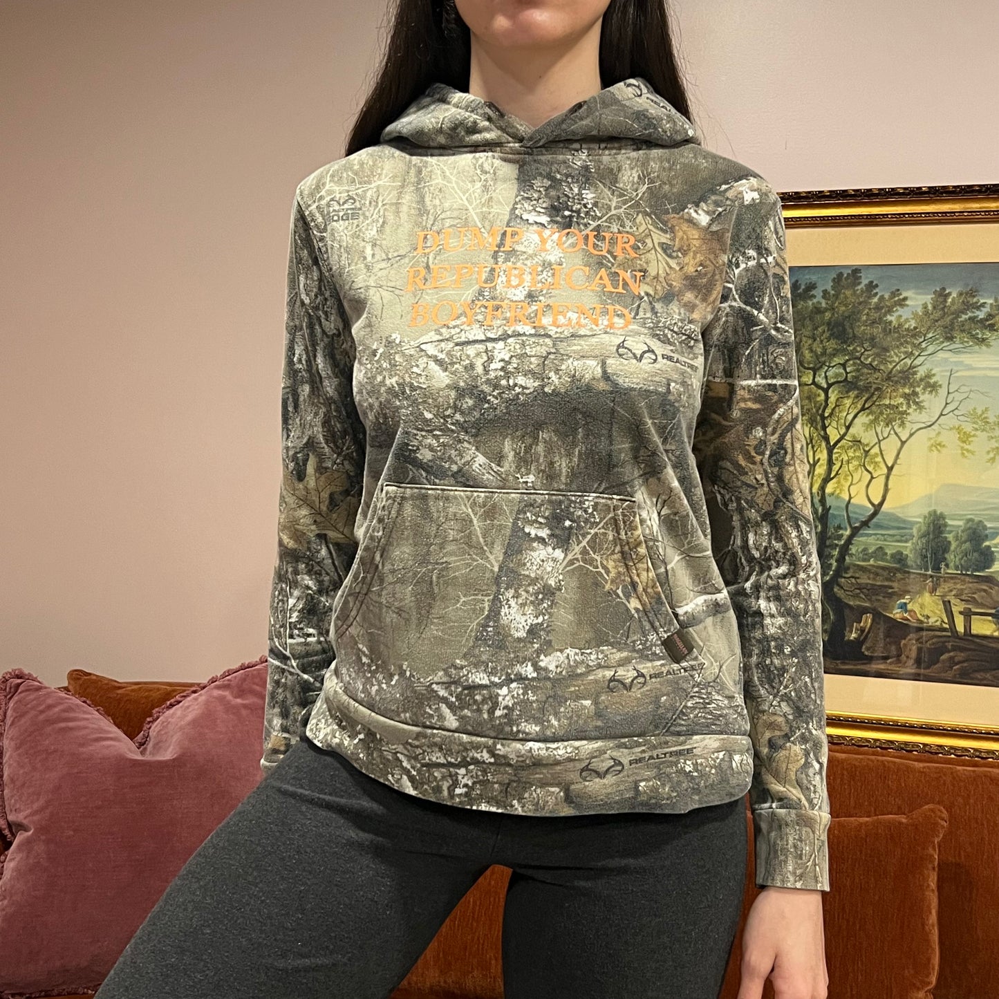 DUMP YOUR REPUBLICAN BOYFRIEND camo hoodie with orange text (S)