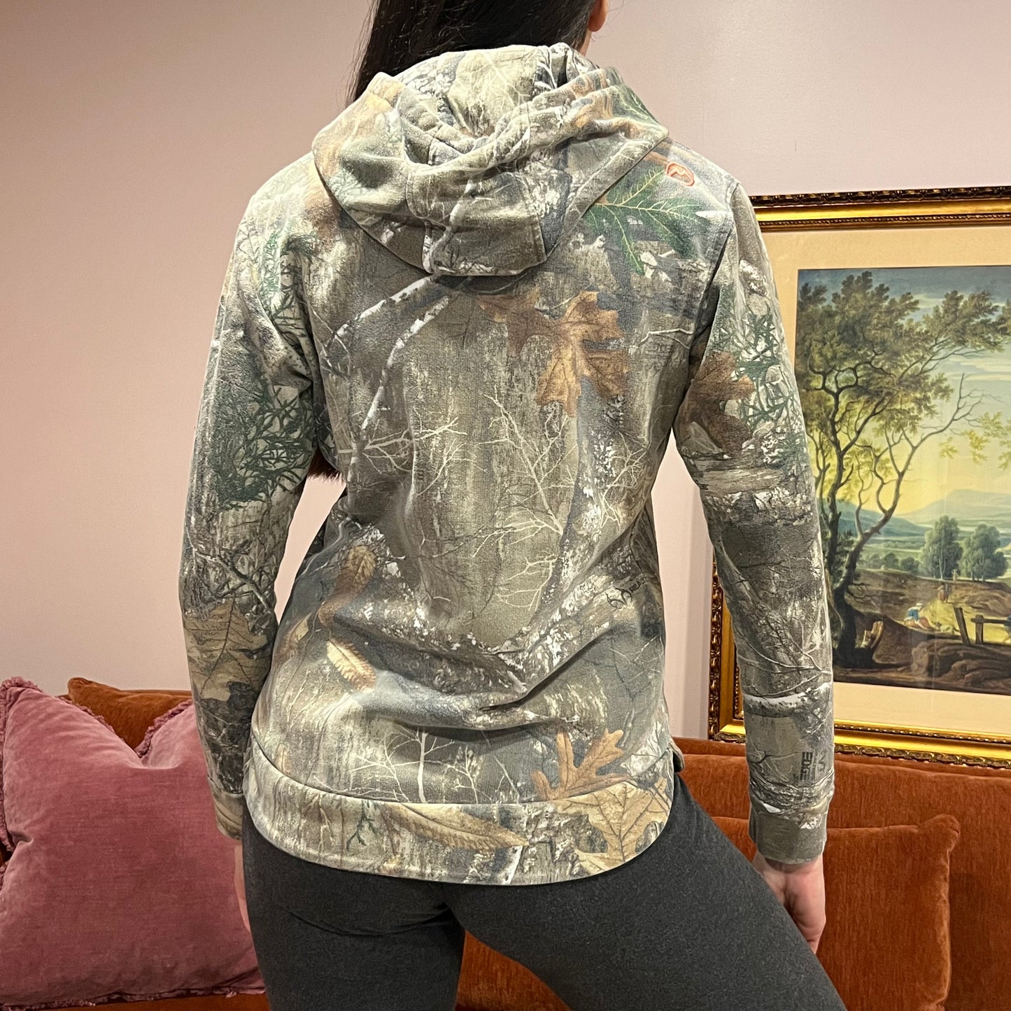 DUMP YOUR REPUBLICAN BOYFRIEND camo hoodie with orange text (S)