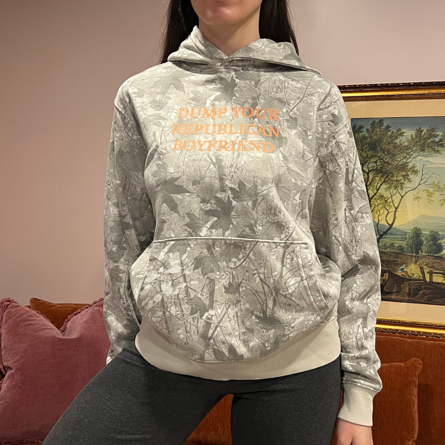 DUMP YOUR REPUBLICAN BOYFRIEND white camo hoodie with orange text (M)