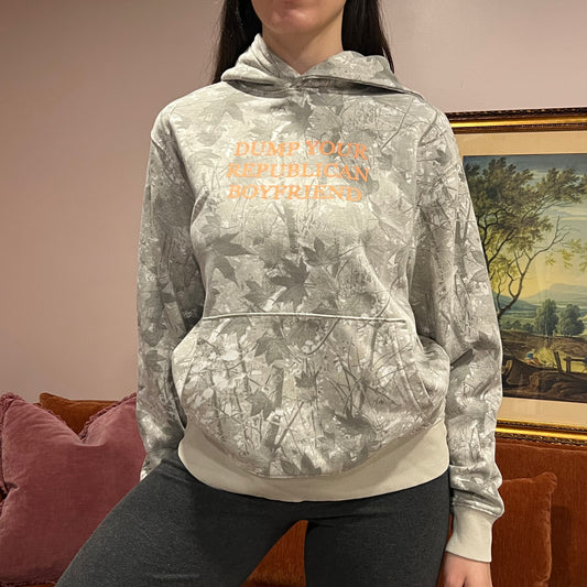 DUMP YOUR REPUBLICAN BOYFRIEND white camo hoodie with orange text (M)