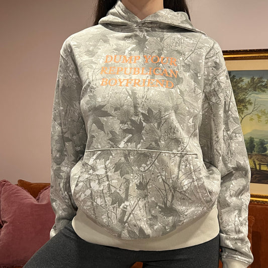 DUMP YOUR REPUBLICAN BOYFRIEND white camo hoodie with orange text (M)
