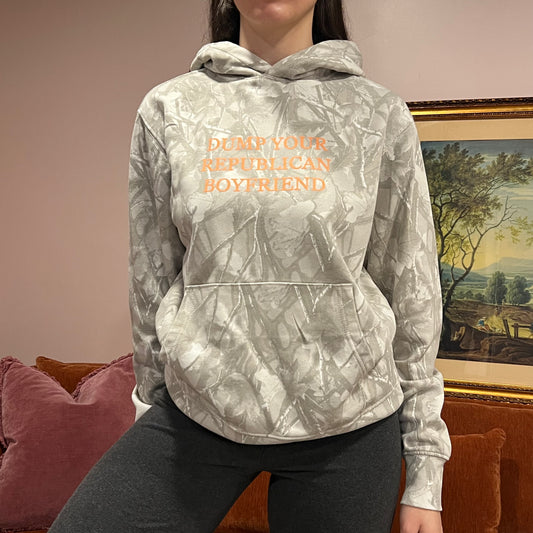 DUMP YOUR REPUBLICAN BOYFRIEND white camo hoodie with orange text (S)