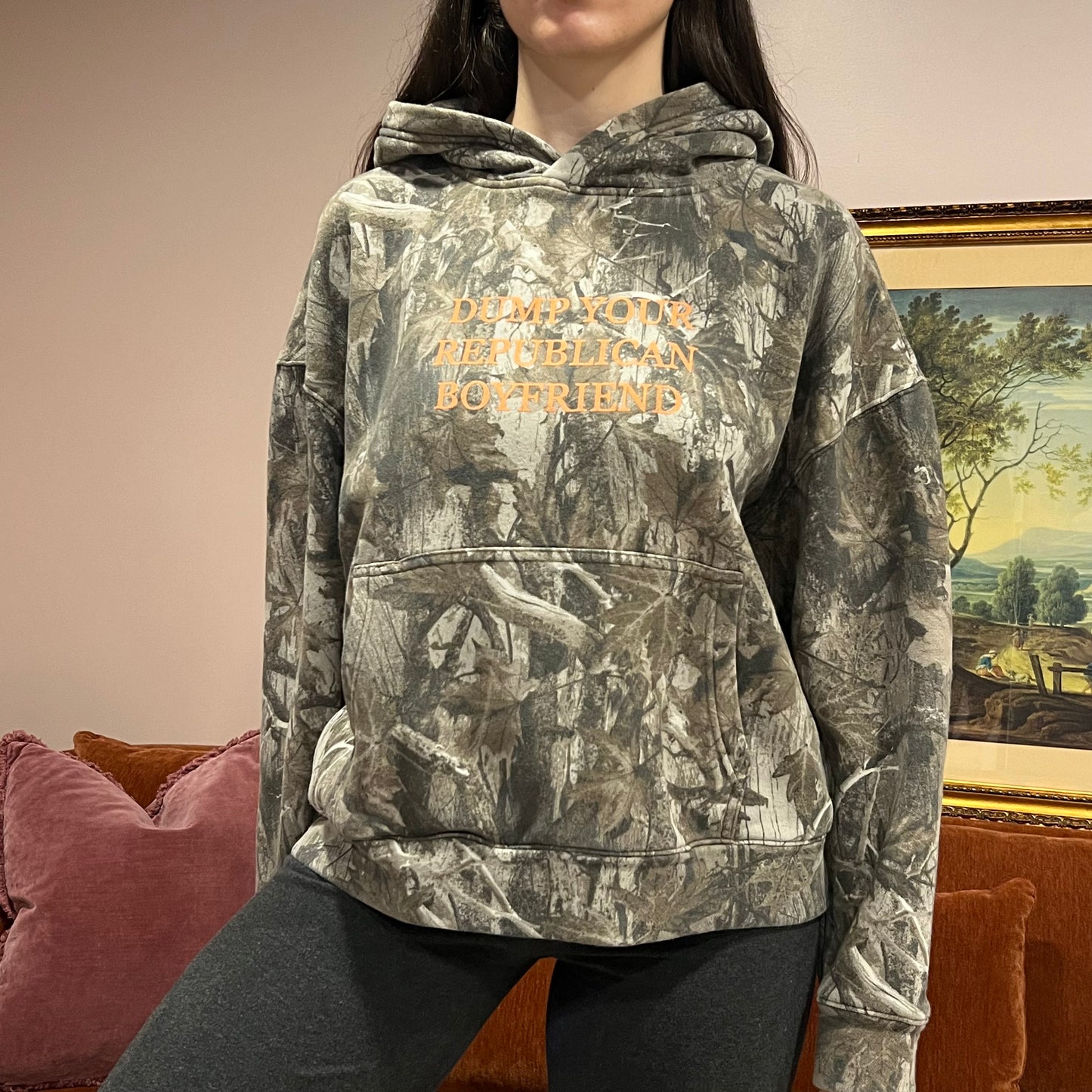 DUMP YOUR REPUBLICAN BOYFRIEND camo hoodie with orange text (M)