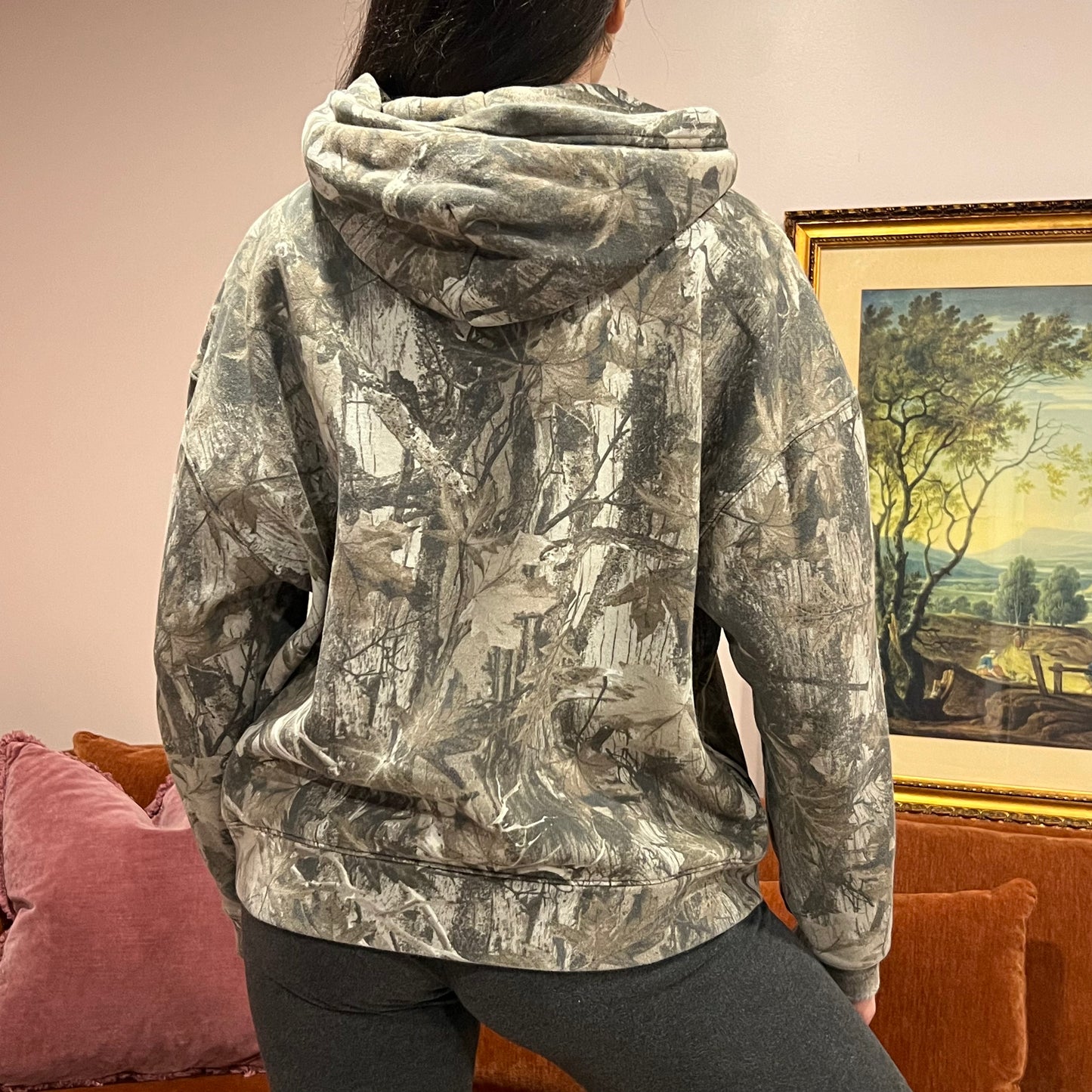 DUMP YOUR REPUBLICAN BOYFRIEND camo hoodie with orange text (M)