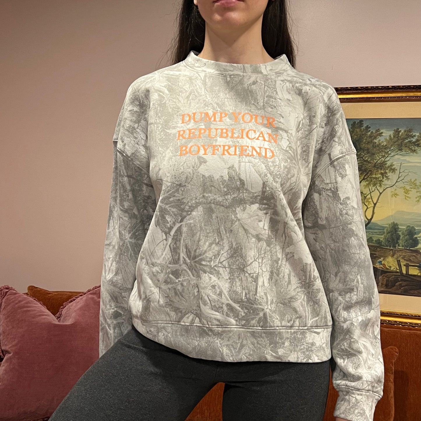 DUMP YOUR REPUBLICAN BOYFRIEND white camo crewneck with orange text (S)