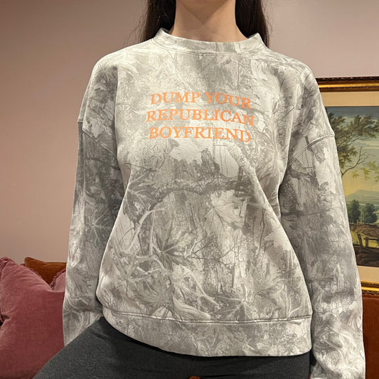 DUMP YOUR REPUBLICAN BOYFRIEND white camo crewneck with orange text (S)
