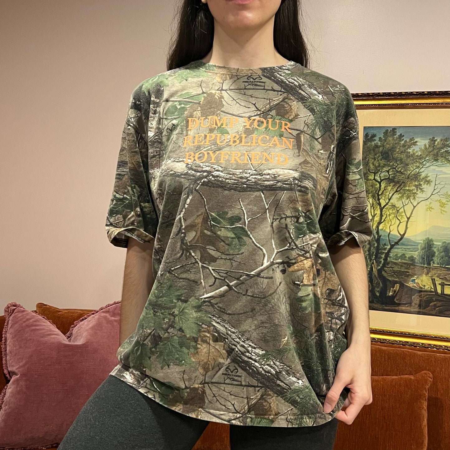 DUMP YOUR REPUBLICAN BOYFRIEND camo t-shirt with orange text (XL)