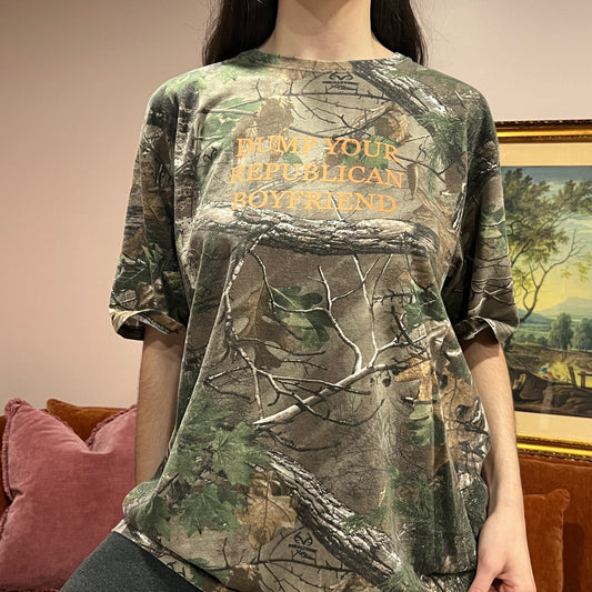 DUMP YOUR REPUBLICAN BOYFRIEND camo t-shirt with orange text (XL)