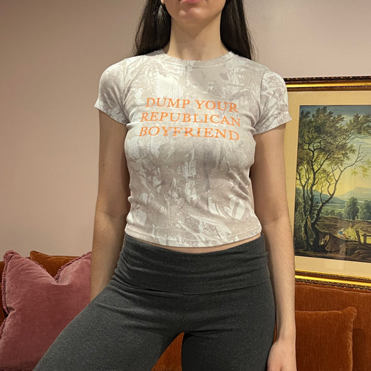 DUMP YOUR REPUBLICAN BOYFRIEND white camo t-shirt with orange text (S)
