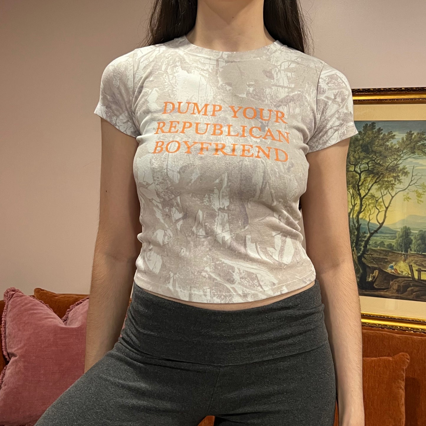 DUMP YOUR REPUBLICAN BOYFRIEND white camo t-shirt with orange text (S)