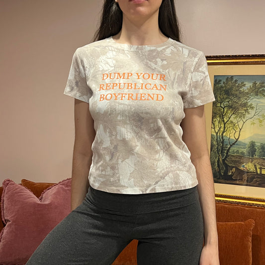 DUMP YOUR REPUBLICAN BOYFRIEND white camo t-shirt with orange text (L)