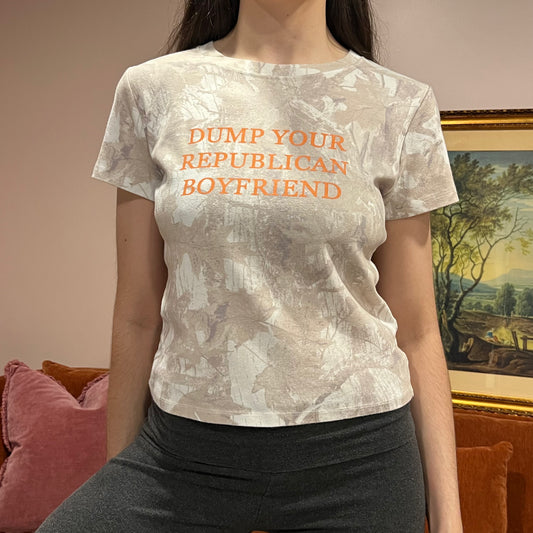 DUMP YOUR REPUBLICAN BOYFRIEND white camo t-shirt with orange text (L)