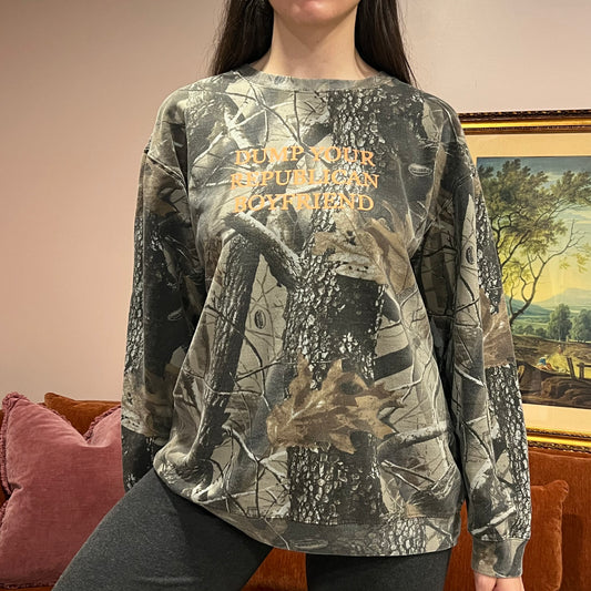 DUMP YOUR REPUBLICAN BOYFRIEND camo crewneck with orange text (L)