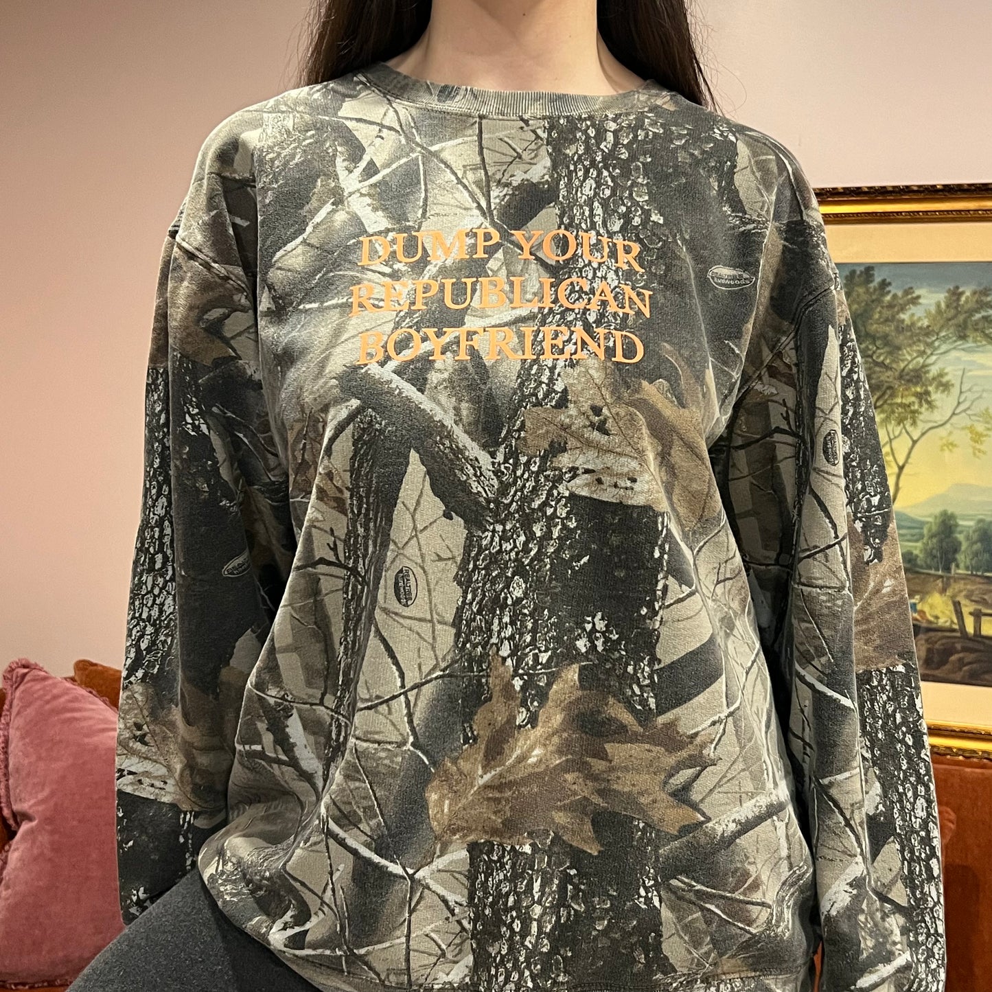 DUMP YOUR REPUBLICAN BOYFRIEND camo crewneck with orange text (L)